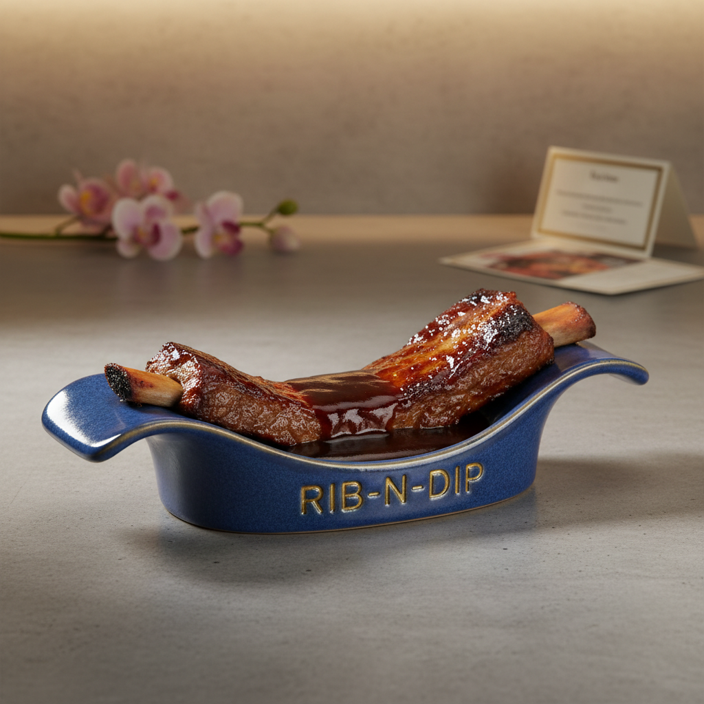 Rib-n-Dip custom elongated BBQ sauce cup product shot - rib-shaped container for restaurants