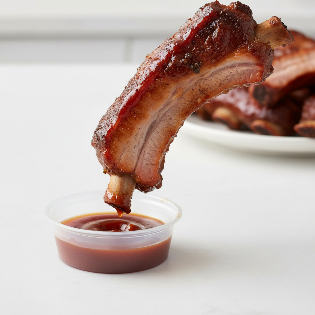 Traditional small round sauce cup inadequate for dipping full-size BBQ ribs